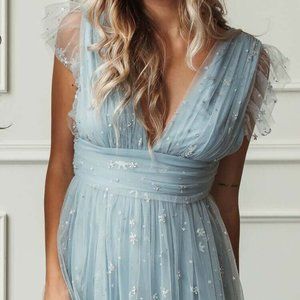 Starry Eyed Glitter Star Mesh Maxi - Dusty Blue